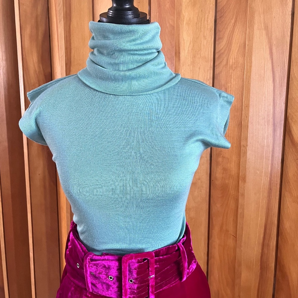 Vintage 1970’s Teal Short Sleeve Turtle Neck Top, Extra Small - Picture 1 of 5